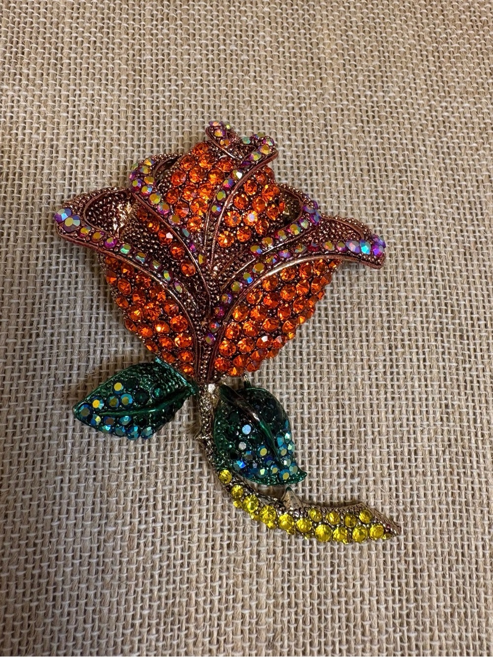 Red  Crystal Rose Brooch with Green Leaves